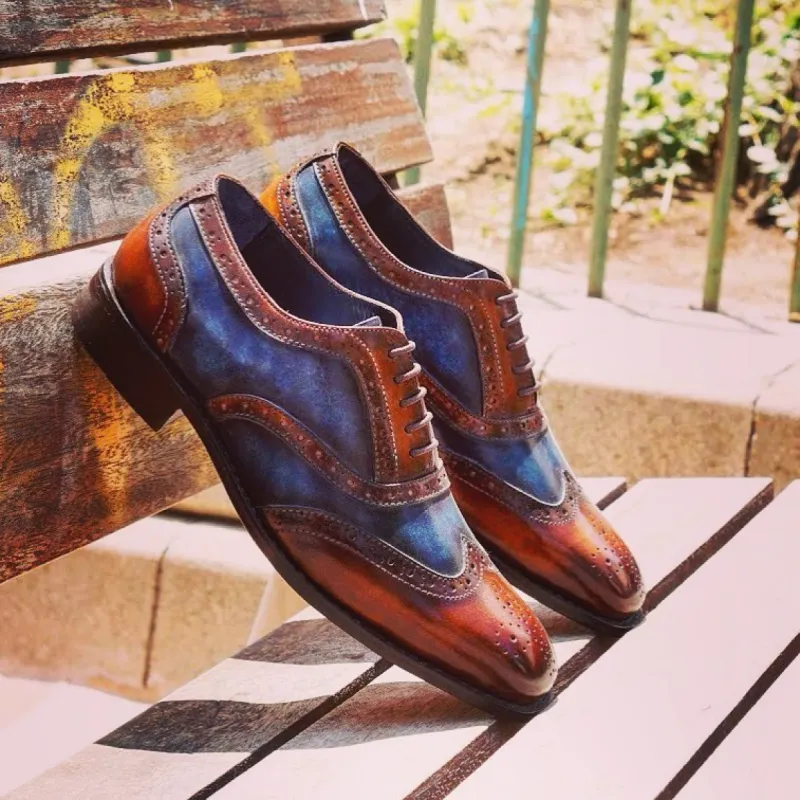 Tan and Navy Blue Leather Bulle Brogue Wingtip Oxfords - Formal Shoes sold by Costoso Italiano
