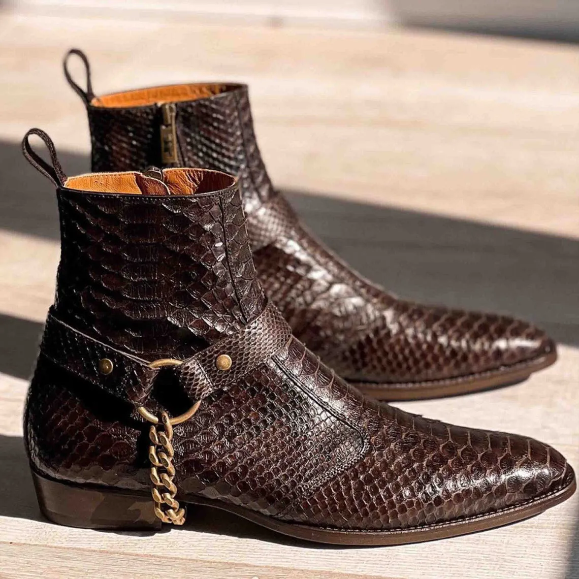 Height Increasing Brown Crocodile/Python Print Italian Leather Wanton Slip On Harness Chelsea Boots - GOODYEAR WELTED FIDDLE BACK VIOLIN SOLE sold by Costoso Italiano