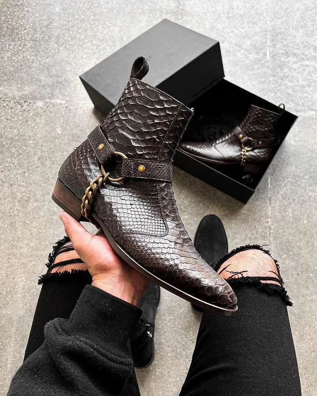 Height Increasing Brown Crocodile/Python Print Italian Leather Wanton Slip On Harness Chelsea Boots - GOODYEAR WELTED FIDDLE BACK VIOLIN SOLE sold by Costoso Italiano product image thumbnail 2