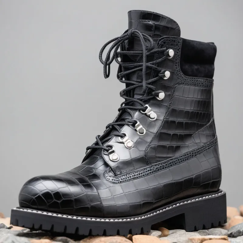 Black Croc Print Leather Abbraccio Mid Calf Rugged Lace Up Combat Hiking Boots with Chunky Track Sole sold by Costoso Italiano