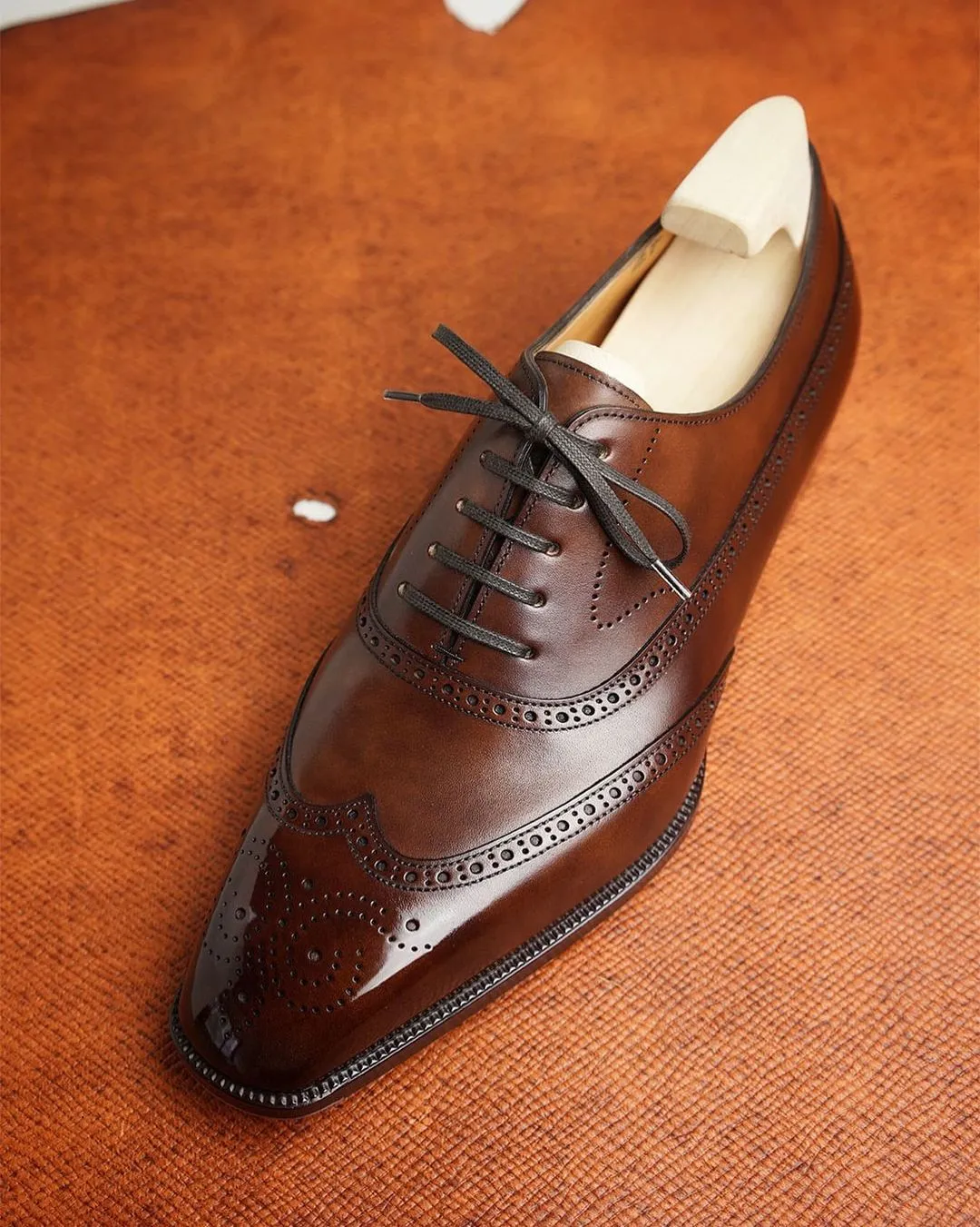 Dark Tan Leather Cedria Brogue Wingtip Oxfords - Formal Shoes sold by Costoso Italiano