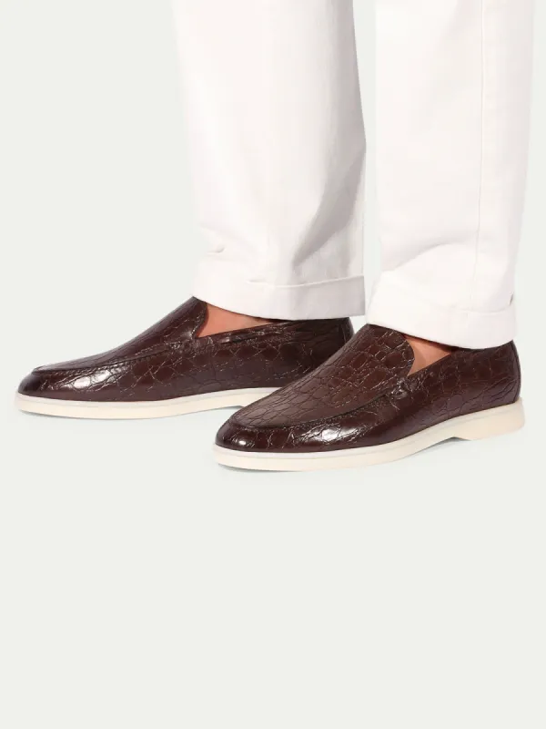 Brown Croc Print Leather Athena Yatch Loafers with White Soles - Summer 2024 Collection sold by Costoso Italiano