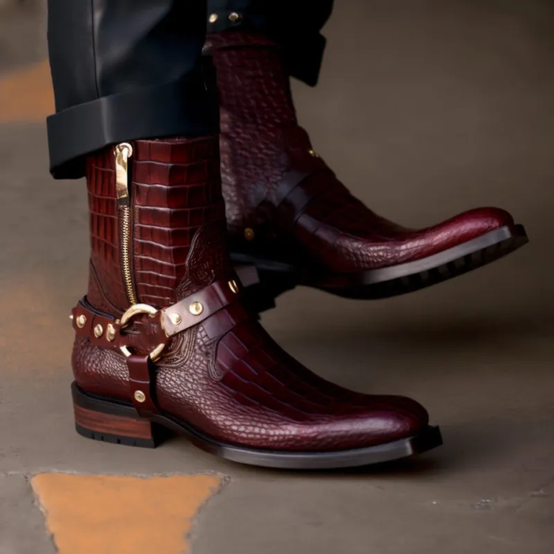 Burgundy Brown Crocodile Print Leather Dewton Slip On Harness Zipper Boots for Men sold by Costoso Italiano