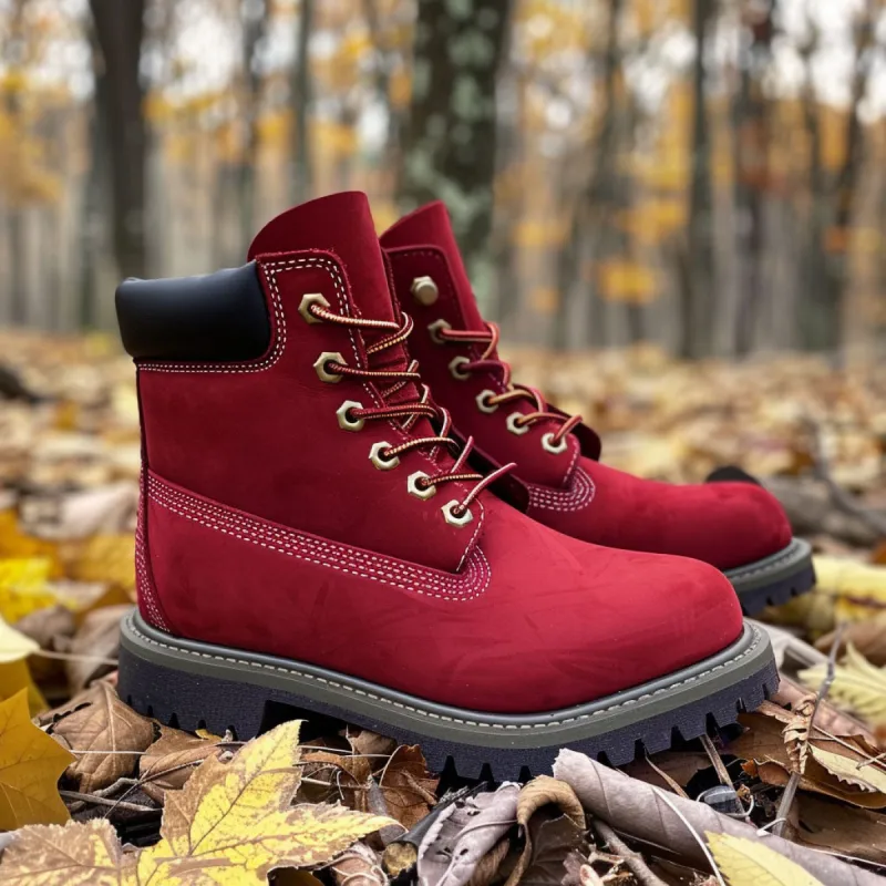 Red Leather Aosta Ankle Rugged Lace Up Combat Hiking Boots with Chunky Track Sole sold by Costoso Italiano