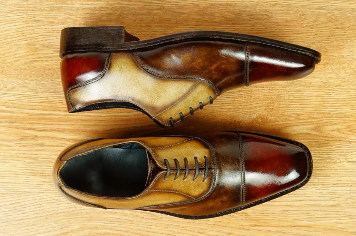 Burgundy Brown Leather and Matte Gold Leather Croglio Balmoral Oxfords - Formal Shoes sold by Costoso Italiano
