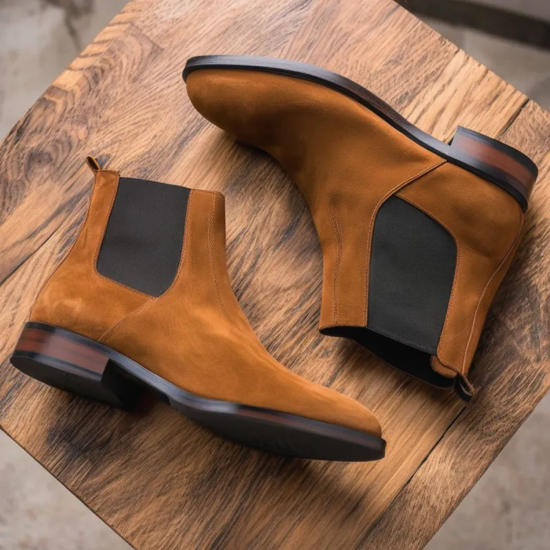 Tan Suede Leather Seville Slip On Chelsea Boots sold by Costoso Italiano