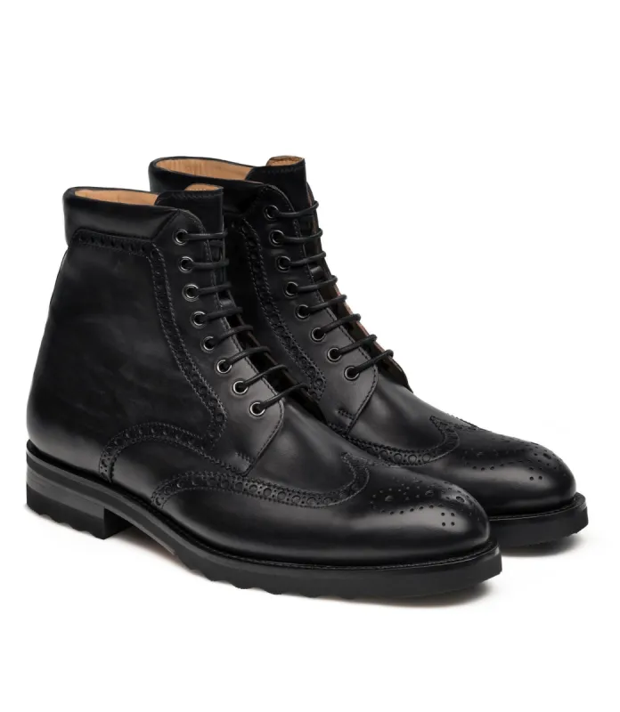 Height Increasing Black Leather Rennes Chunky Derby Boots sold by Costoso Italiano
