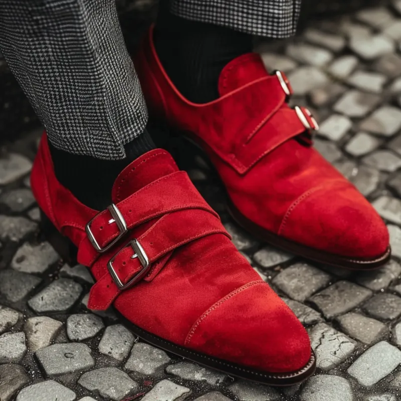 Red Suede Leather Pellegrino Slip-On Monk Straps sold by Costoso Italiano