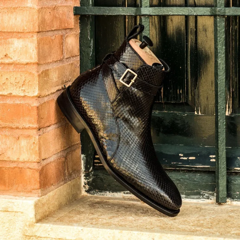 Height Increasing Black Python Print Italian Leather Cantane Slip On Jodhpur Boots - GOODYEAR WELTED FIDDLE BACK VIOLIN SOLE sold by Costoso Italiano