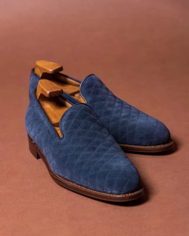 Height Increasing Navy Blue Quilted Suede Mieres Loafers sold by Costoso Italiano