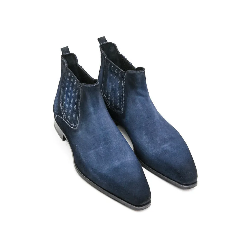 Goodyear Welted Cadaval Denim Blue Suede Chelsea Boot with Violin Leather Sole sold by Costoso Italiano