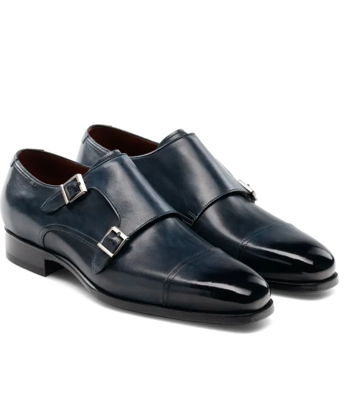 Flat Feet Shoes - Navy Blue Leather Wansdyke Monk Strap Shoes with Arch Support sold by Costoso Italiano