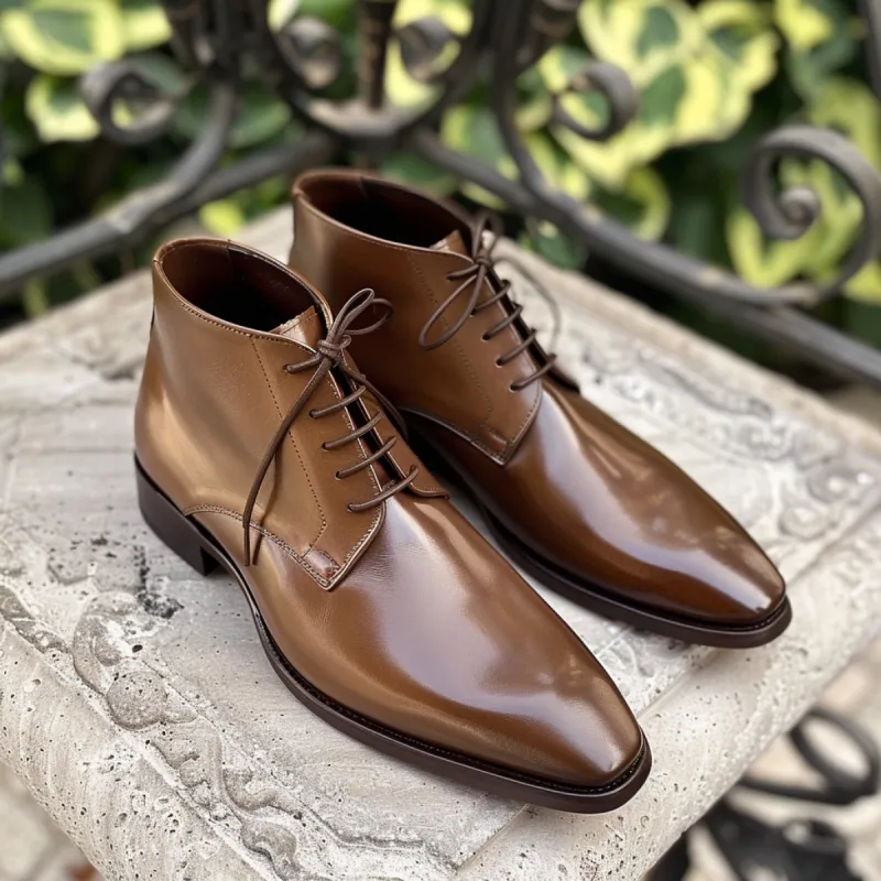Brown Leather Pointed Toe Cap Lace Up Whole Cut Desert - Summer 2024 Collection sold by Costoso Italiano