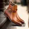 Tan Leather Cooper Slip On Jodhpur Boots with Buckle and Croc Print Strap for Men sold by Costoso Italiano