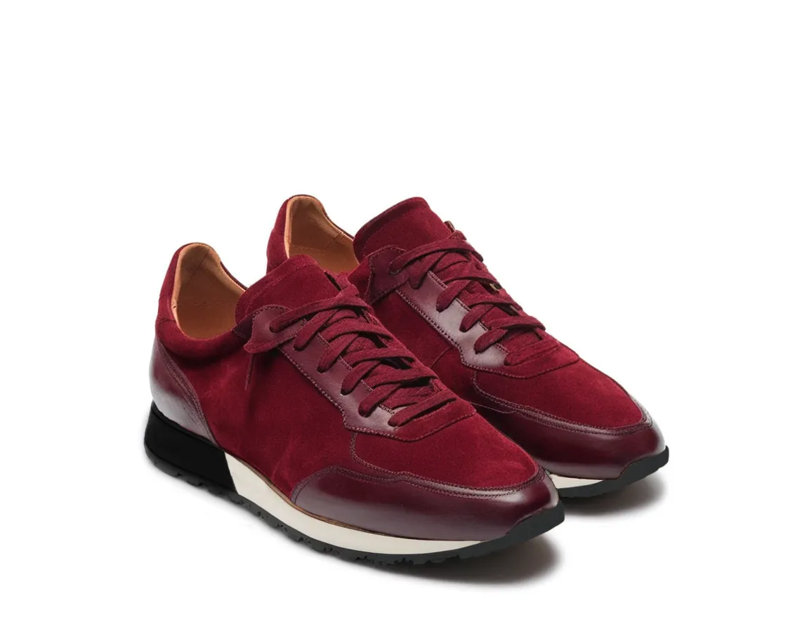 Burgundy Suede Leather Nausori Lace Up Running Sneaker Shoes sold by Costoso Italiano