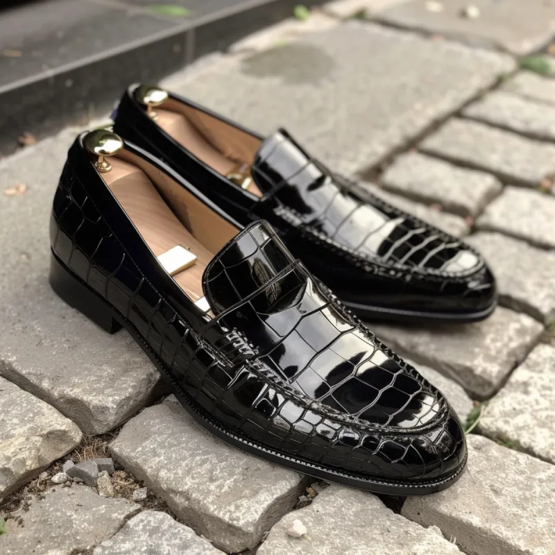 Black Croc Print Leather Annibale Loafers sold by Costoso Italiano