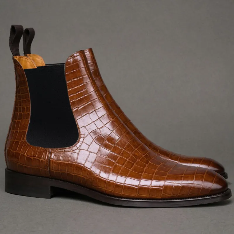 Flat Feet Shoes - Brown Croc Print Leather Fenland Slip On Chelsea Boots with Arch Support sold by Costoso Italiano