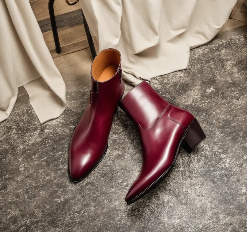 Burgundy Leather Fiorina Slip On Zipper Pointed Boots for Men - AW24 sold by Costoso Italiano