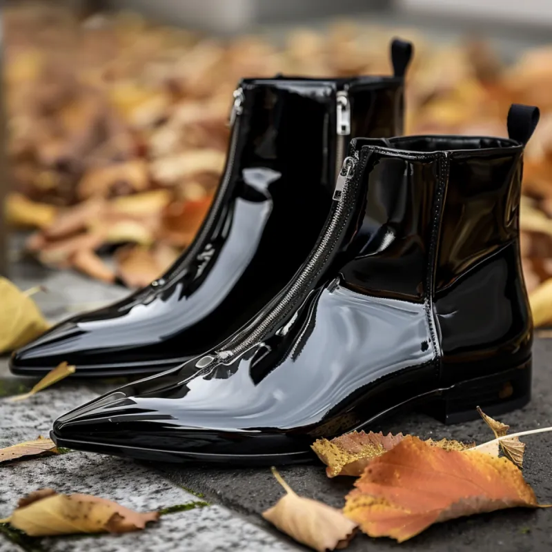 Black Patent Leather Fausto Slip-On Pointed Zipper Boots sold by Costoso Italiano