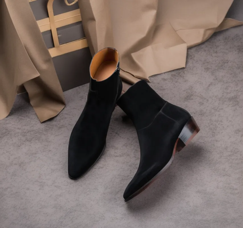 Black Suede Leather Fiorina Slip On Zipper Pointed Boots for Men - AW24 sold by Costoso Italiano