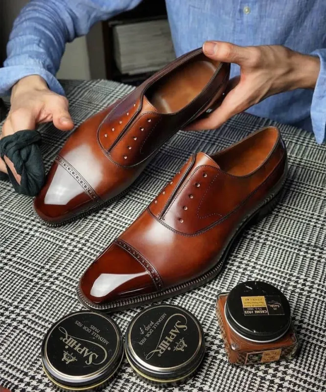 Tan Leather Yacuiba Brogue Toe Cap Oxford Shoes sold by Costoso Italiano