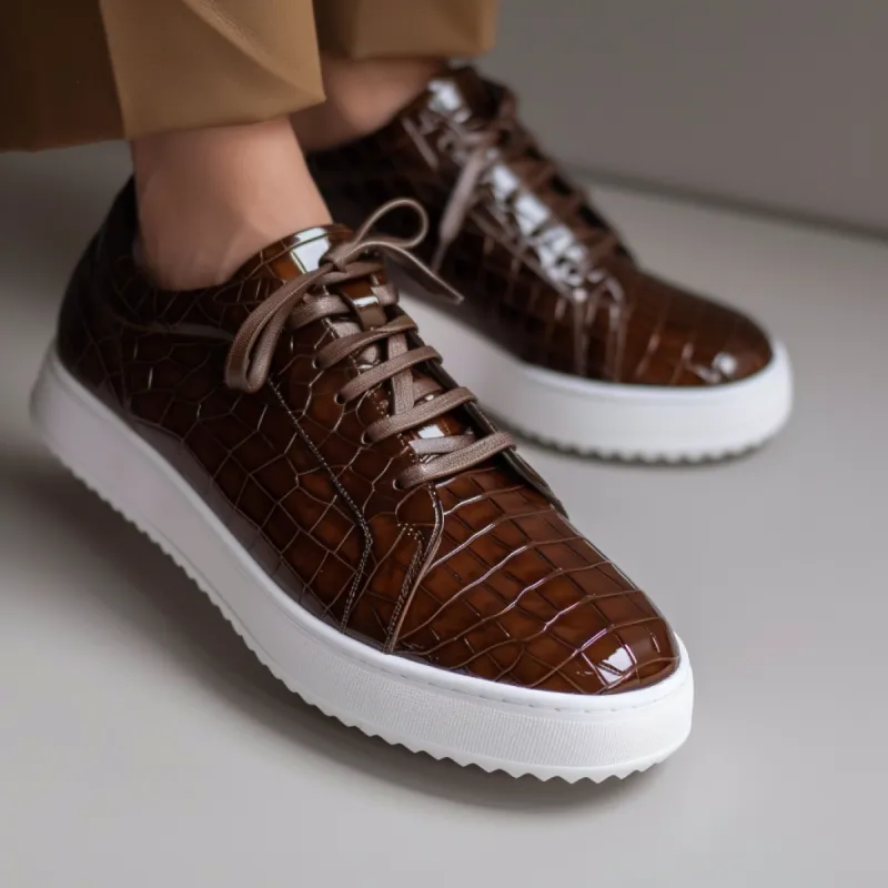 Brown Croc Print Leather Paride Lace Up With White Sole Sneakers sold by Costoso Italiano