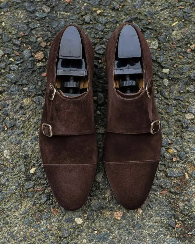 Brown Suede Aarburg Toe Cap Double Monk Straps sold by Costoso Italiano