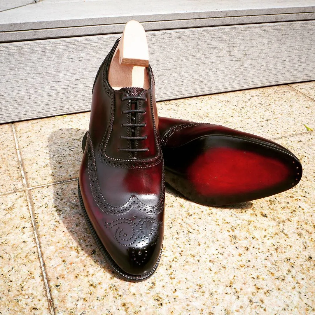 Burgundy Brown Leather Catania Wingtip Oxford Shoes - AW24 sold by Costoso Italiano