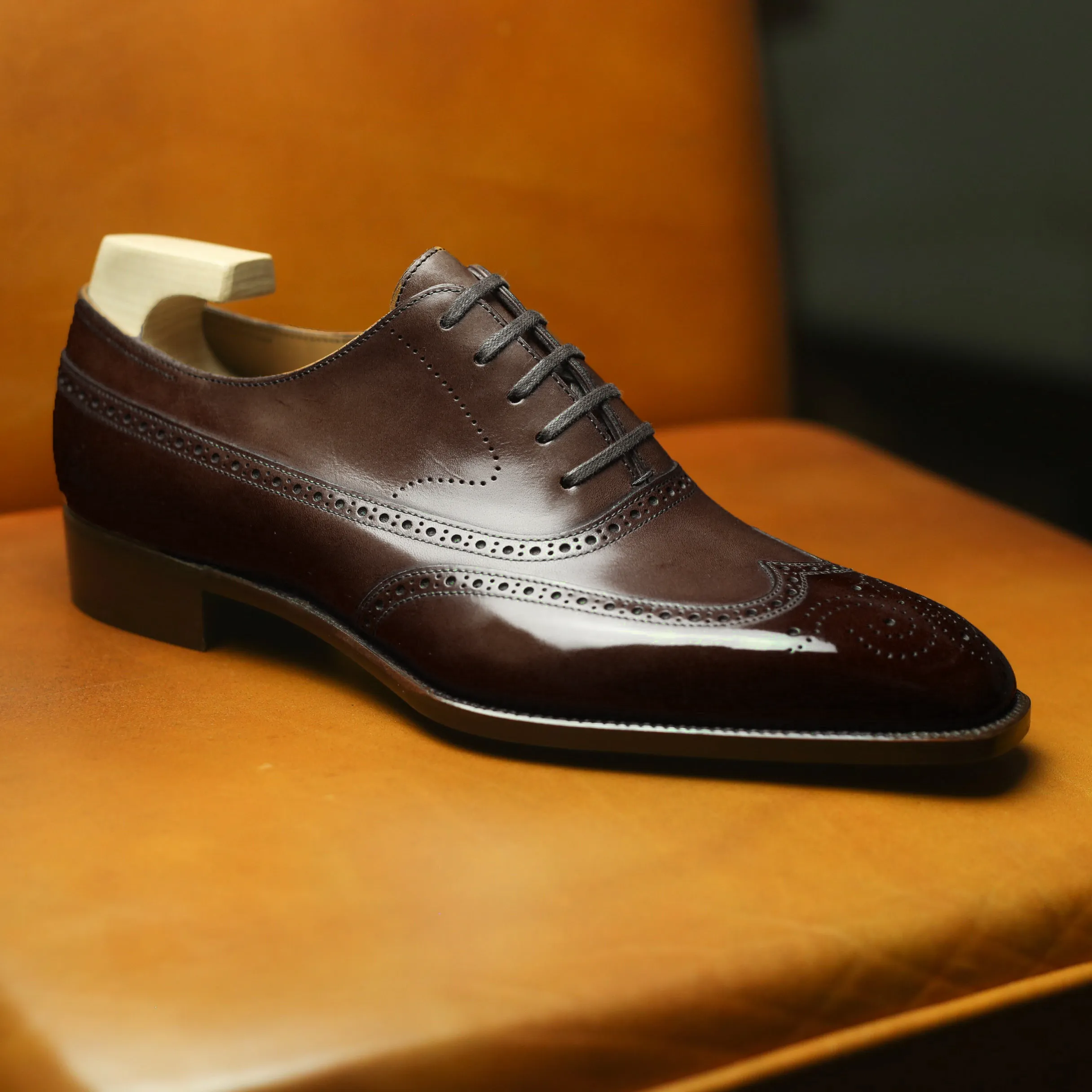 Brown Leather Cedara Brogue Wingtip Oxfords - Formal Shoes sold by Costoso Italiano