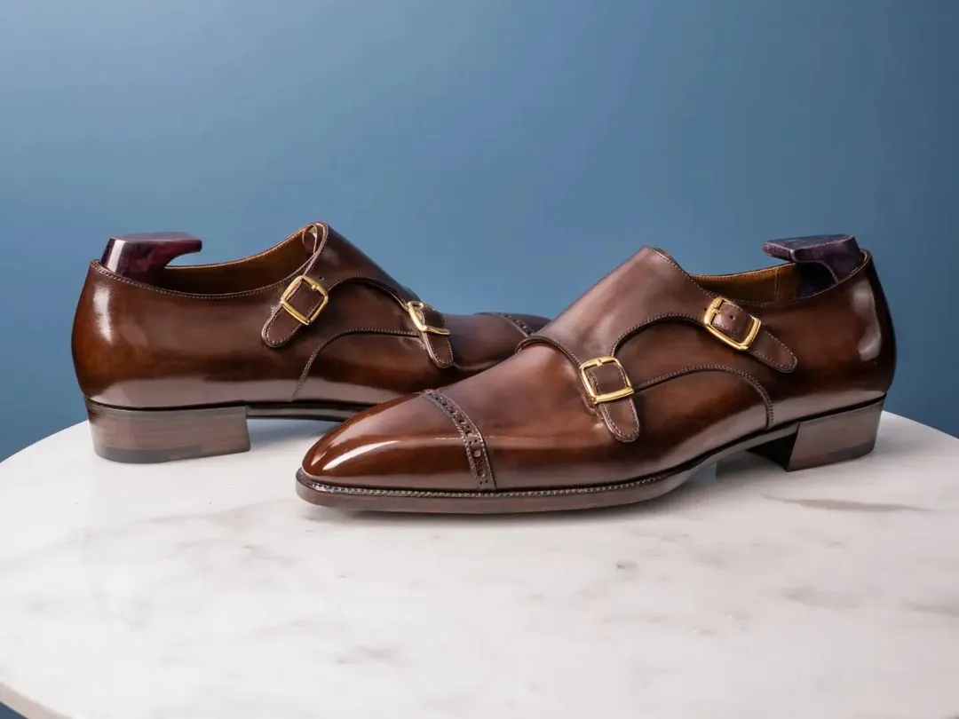 Brown Leather Novalia Brogue Toe Cap Double Monk Straps - AW24 sold by Costoso Italiano