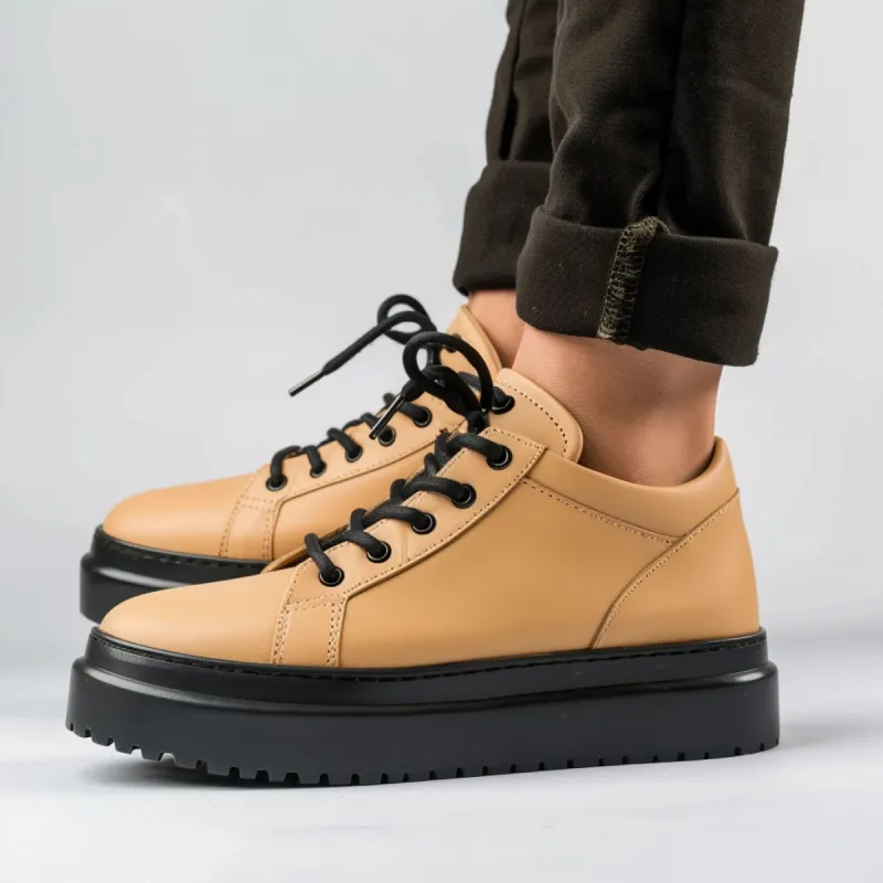 Tan Leather Dario With Thick White Sole Sneakers sold by Costoso Italiano