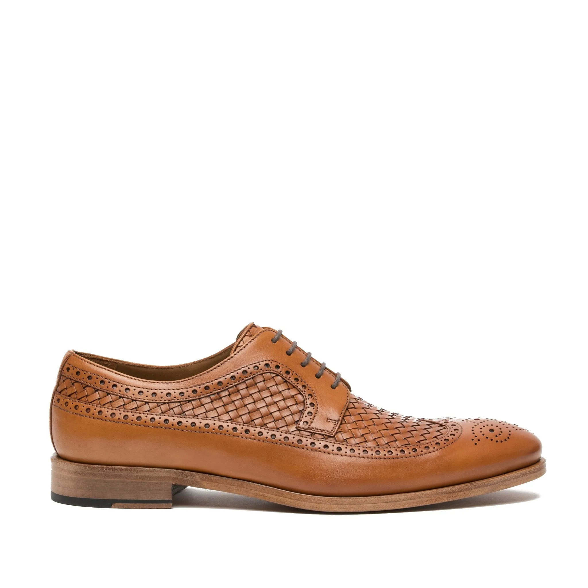 Height Increasing Tan Braided Leather Norwood Brogue Derby Shoes sold by Costoso Italiano