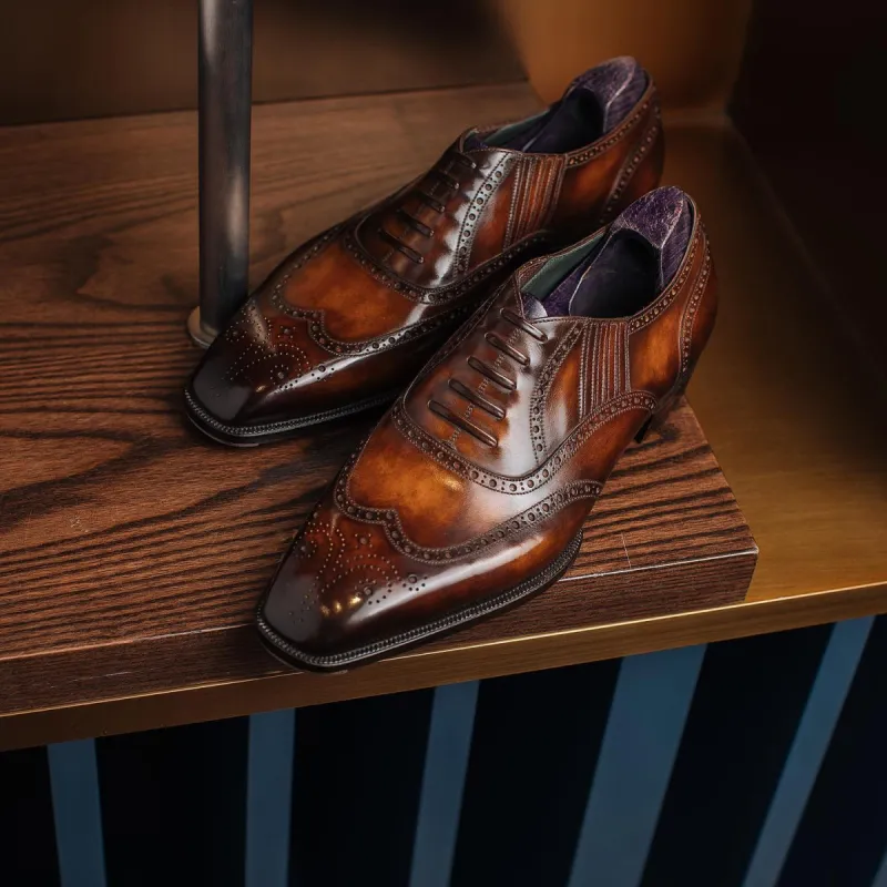 Tan Leather Huelva Brogue Wingtip Slip On Oxford Shoes - AW24 sold by Costoso Italiano