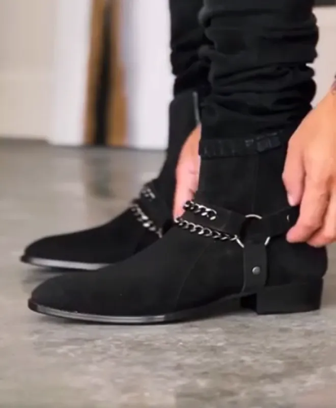 Luxury Edition - Artisian Made Black Italian Suede Ravian Harness Chelsea Boots with Chains sold by Costoso Italiano
