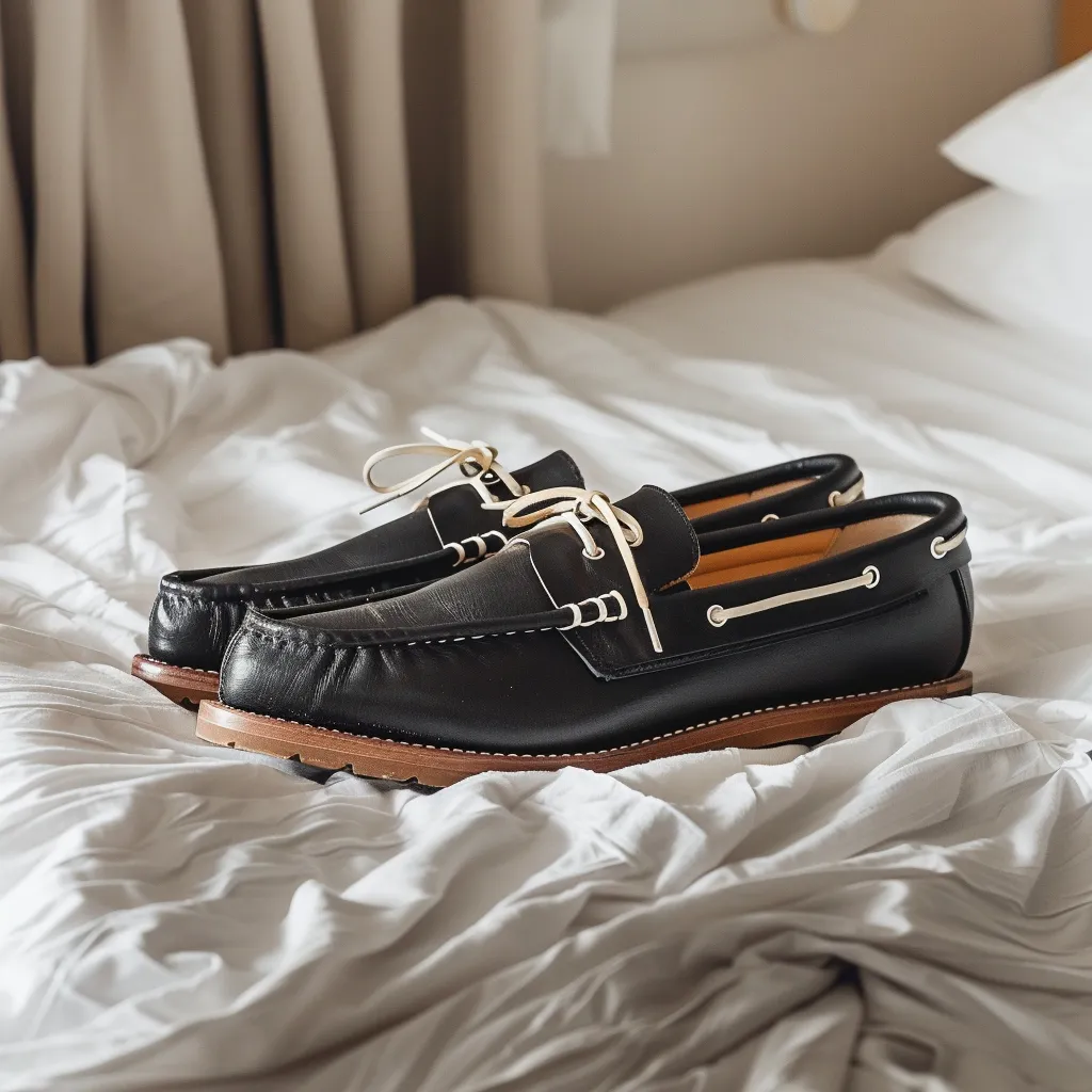 Black Ignazio Boat Shoes with Tan Sole sold by Costoso Italiano