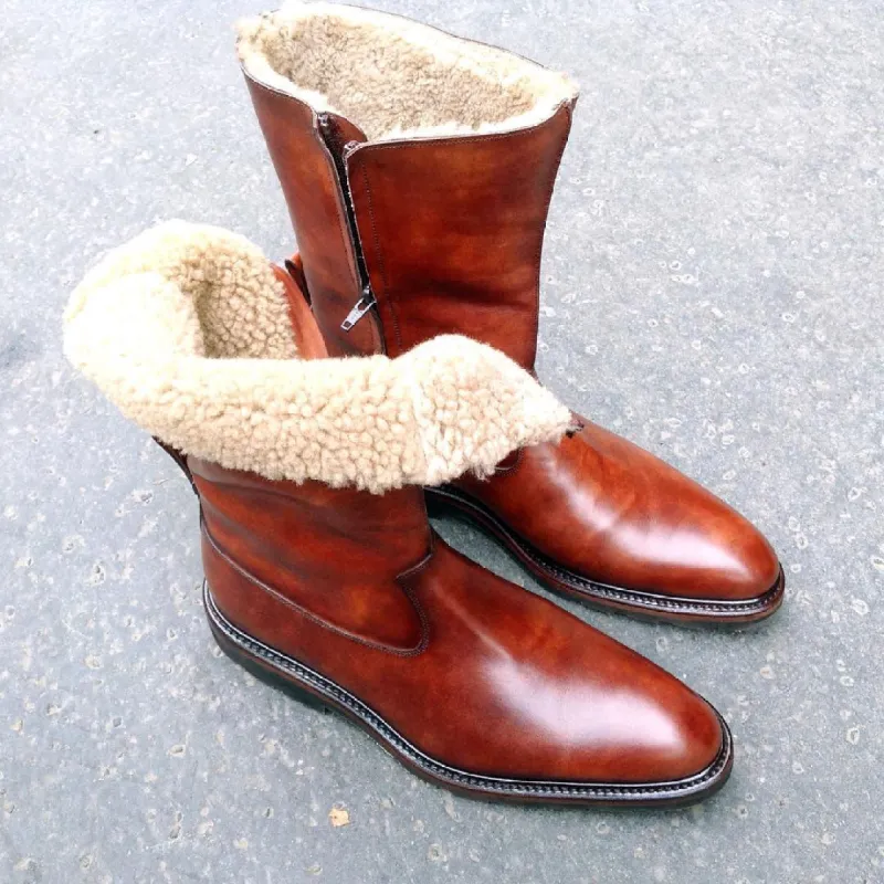 Tan Leather Bilbao Shearling Lined Slip On Boots sold by Costoso Italiano