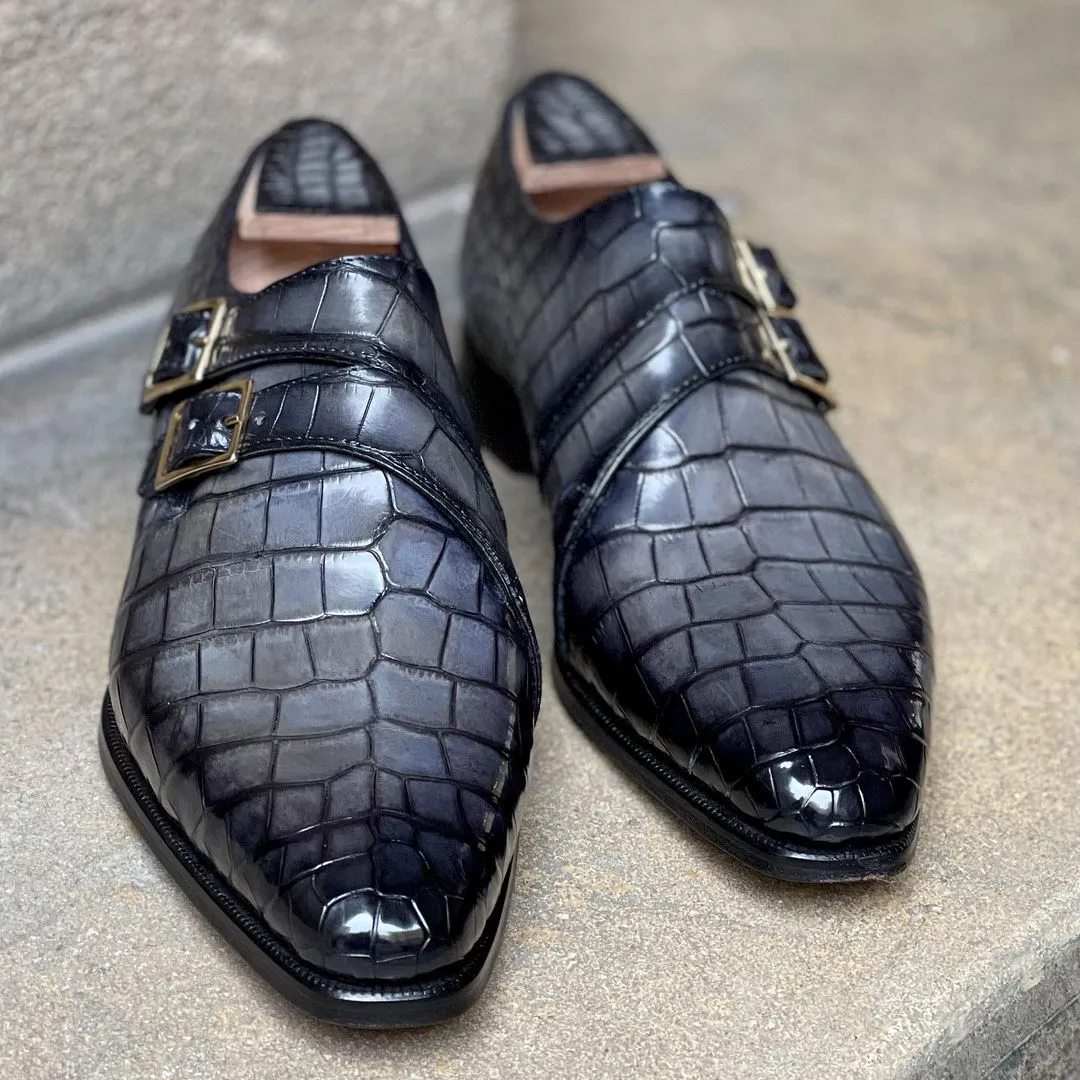 Grey Crocodile Print Leather Robore Double Monk Straps sold by Costoso Italiano