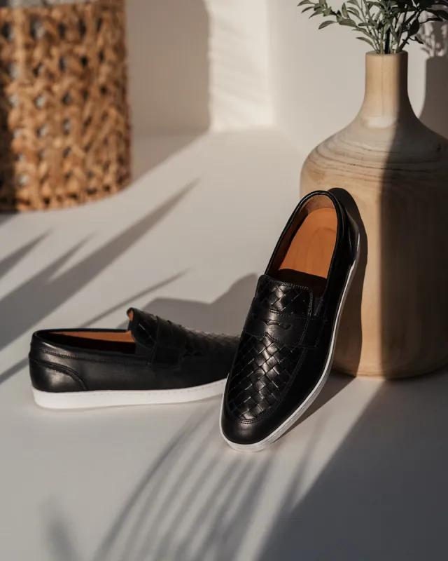 Black Braided Leather Isidora Slip On Penny Sneakers with White Soles - Summer 2024 Collection sold by Costoso Italiano