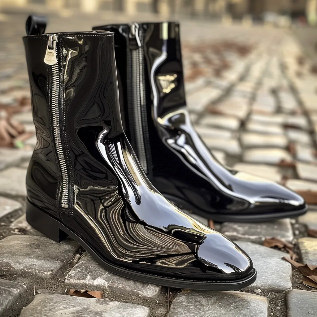 Black Patent Leather Febo Slip-On Pointed Zipper Boots sold by Costoso Italiano