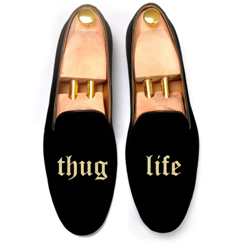 Black Velvet Thug Life Embroidered Loafers sold by Costoso Italiano