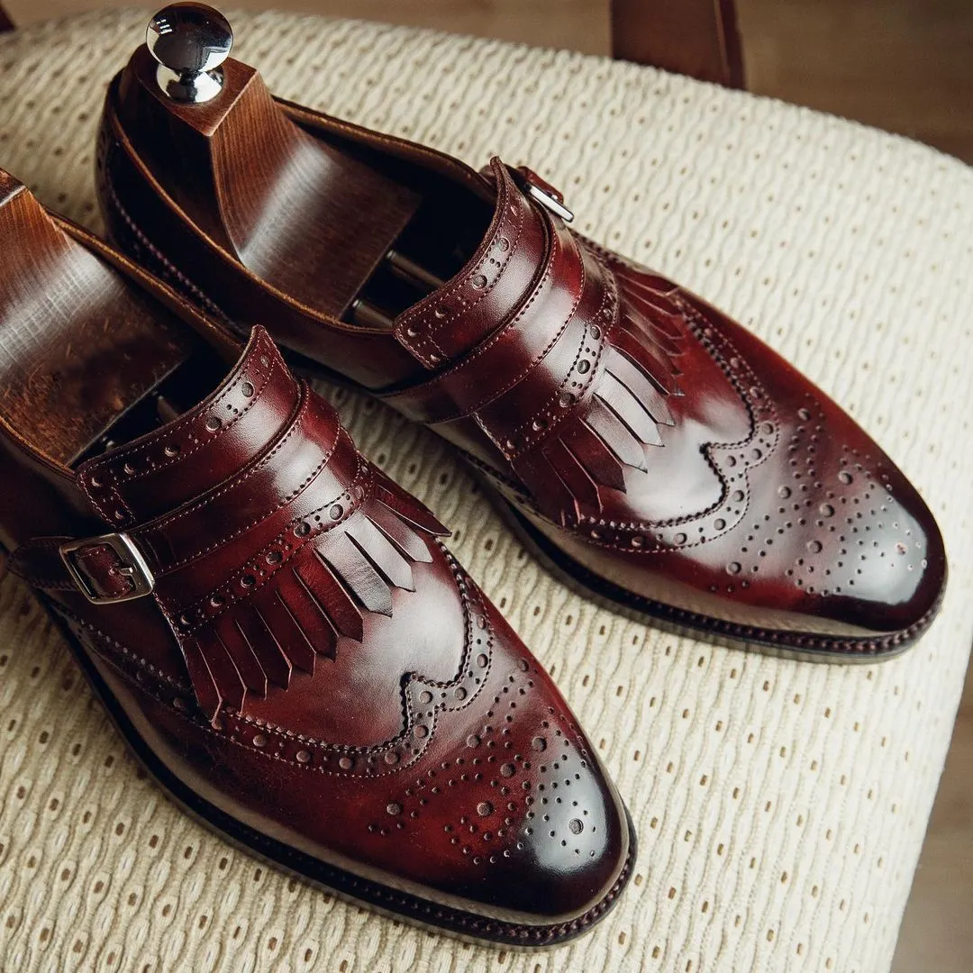 Height Increasing Burgundy Brown Leather Aarberg Toe Cap Monk Straps sold by Costoso Italiano