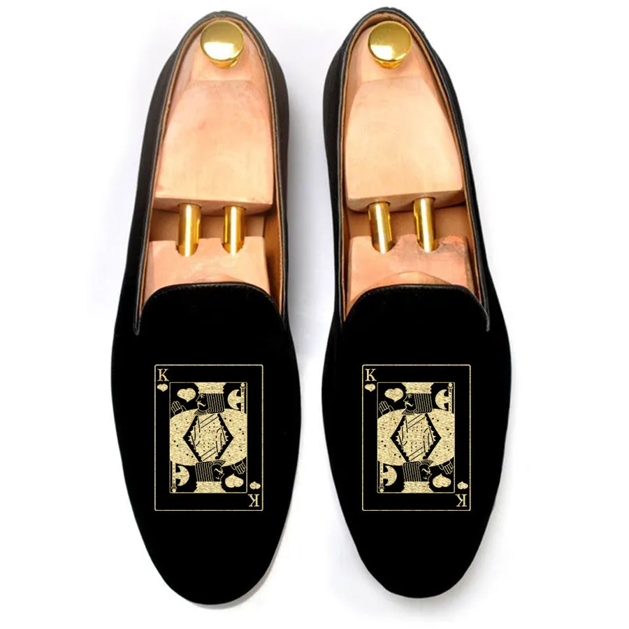 Height Increasing Black Velvet King of Hearts Embroidered Loafers sold by Costoso Italiano