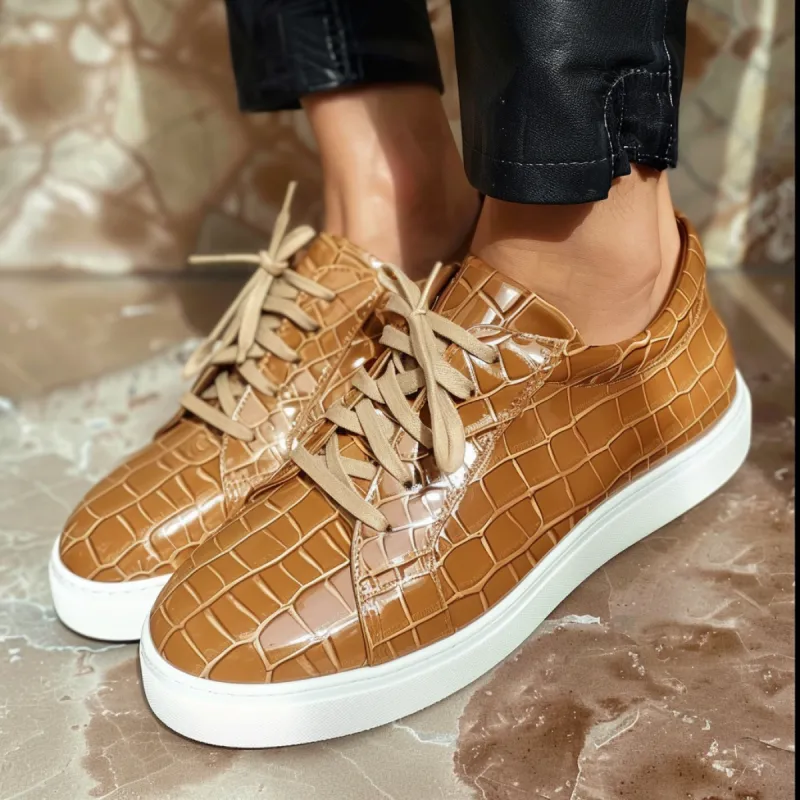 Tan Croc Print Leather Petronio Lace Up With White Sole Sneakers sold by Costoso Italiano
