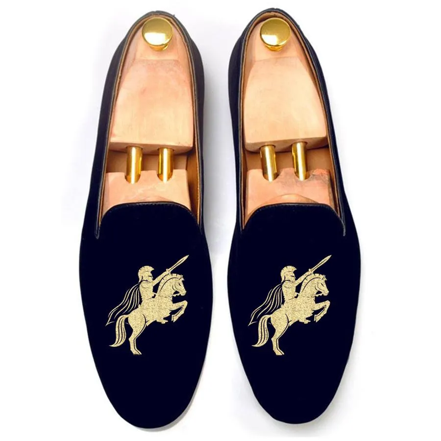 Flat Feet Shoes - Blue Velvet Cavalry Embroidered Loafers with Arch Support sold by Costoso Italiano