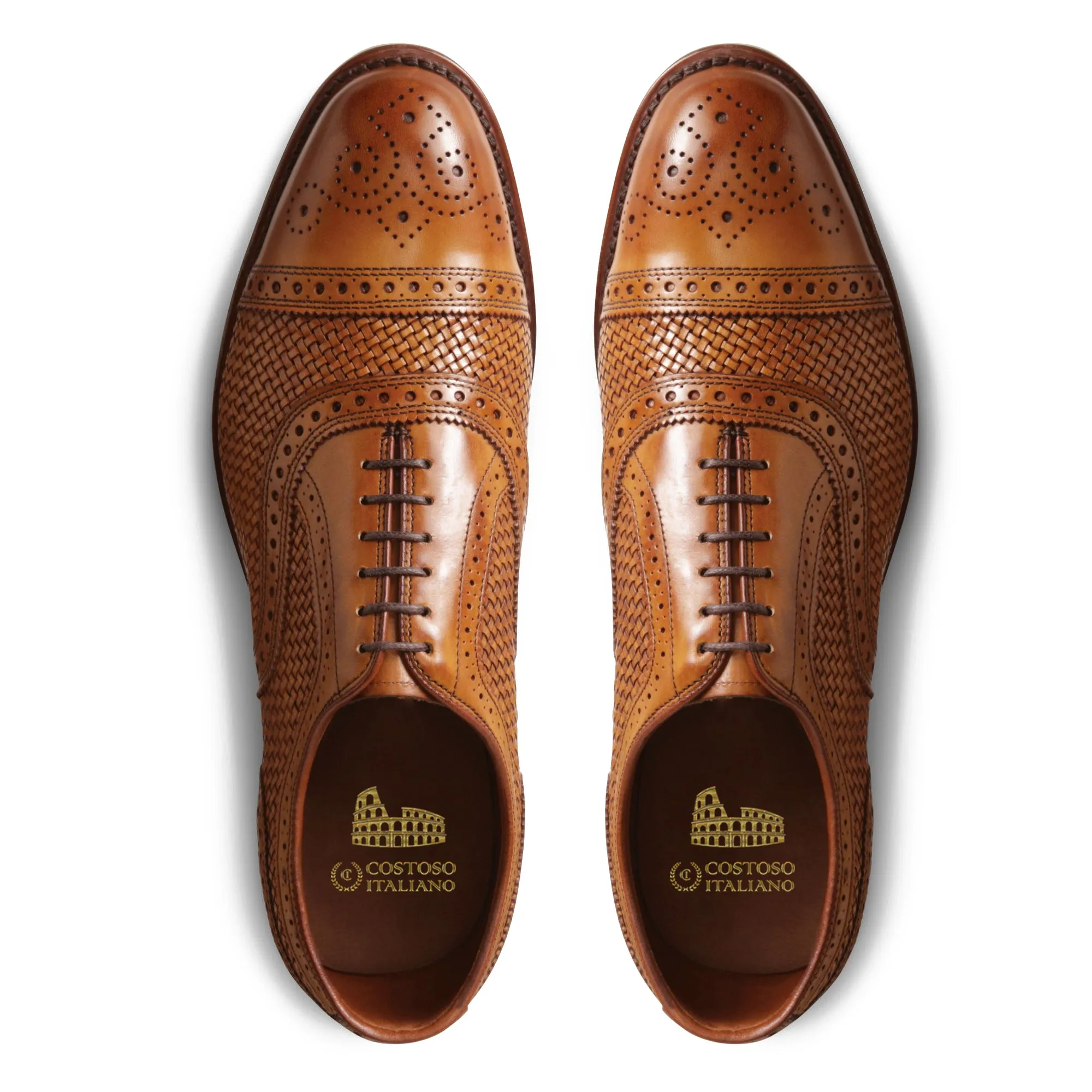 Height Increasing Tan Braided Leather Morice Brogue Oxfords sold by Costoso Italiano