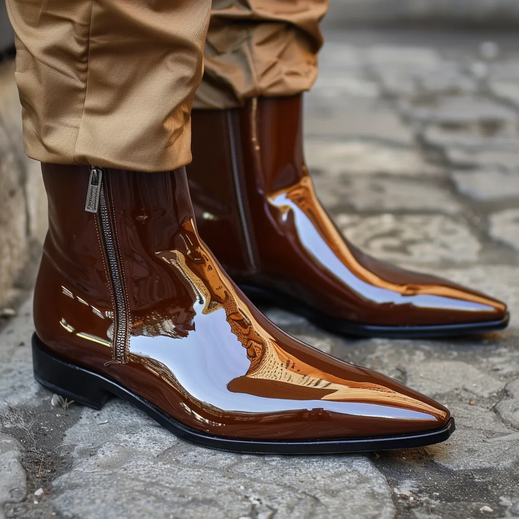 Brown Patent Leather Gaspare Slip-On Pointed Zipper Boots sold by Costoso Italiano
