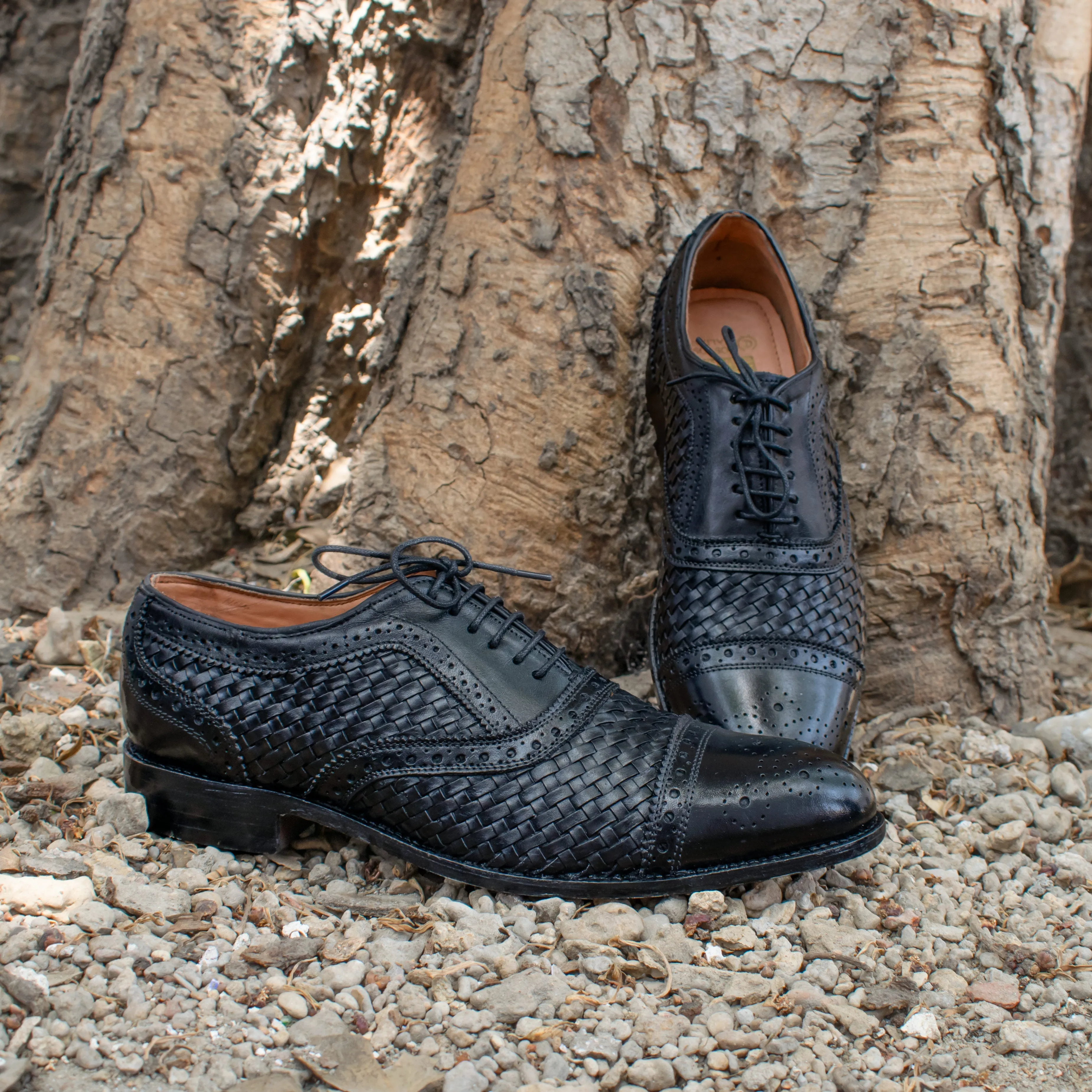 Height Increasing Black Braided Leather Morice Brogue Oxfords sold by Costoso Italiano