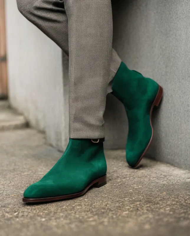 Green Suede Leather Amarante Slip On Jodhpur Boots sold by Costoso Italiano