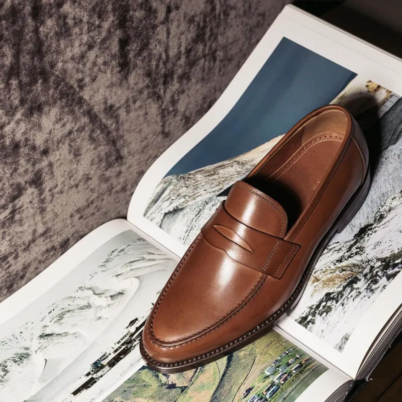 Tan Leather Reenes Slip On Penny Loafers sold by Costoso Italiano
