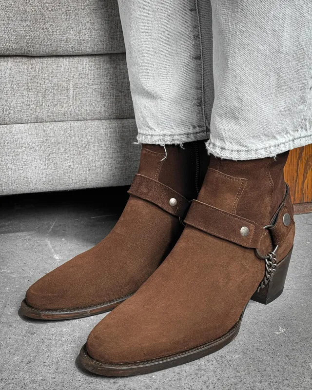 Brown  Suede Leather Ravien Harness Chelsea Boots sold by Costoso Italiano
